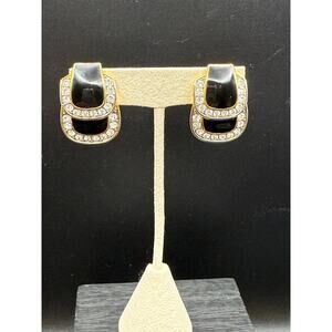 Carolee Black Enamel and Clear Stone Clip Earrings Gold Tone